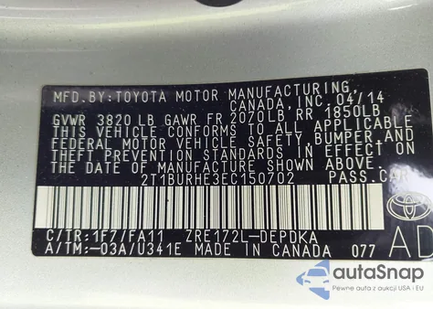 2014 Toyota Corolla L z USA, uszkodzony, nr VIN 2T1BURHE3EC150702